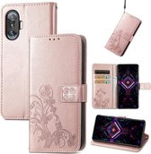 Voor Xiaomi Redmi K40 Gaming / Poco F3 GT Vierbladige sluiting Reliëfgesp Mobiele telefoonbescherming lederen tas met lanyard & kaartsleuf & portemonnee & beugelfunctie (rosé goud)