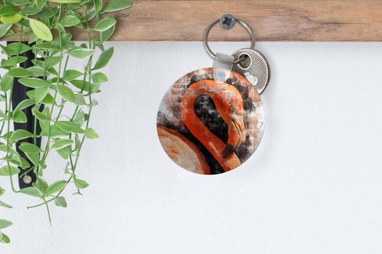 Porte-clés - Flamingo - Peinture - Journal - Plastique - Rond - Cadeaux à distribuer