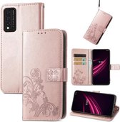 Voor T-Mobile REVVL V + 5G Vier-blad sluiting Reliëf gesp Mobiele telefoon bescherming lederen tas met lanyard & kaartsleuf & portemonnee & beugel functie (rosé goud)