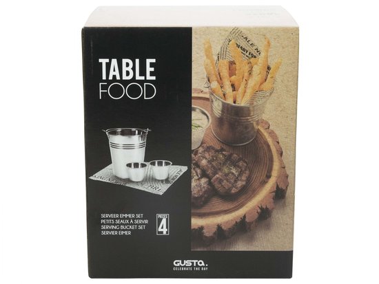 Doos van de Gusto serveer emmer set, "TABLE FOOD". Toont een steak met frietjes en saus.