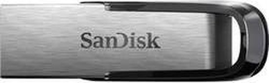 Clé USB SanDisk Ultra Flair avec finition en métal brossé et accents en plastique noir.