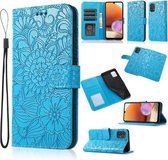 Voor Samsung Galaxy A32 4G Huid Voelen Reliëf Zonnebloem Horizontale Flip Lederen Case met Houder & Kaartsleuven & Portemonnee & Lanyard (Blauw)