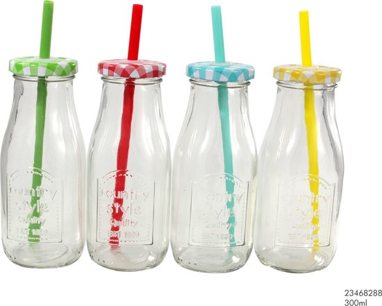 Glazen Flesjes - 4 stuks - met Rietje - 200ml - Bekers - Fles | bol.com