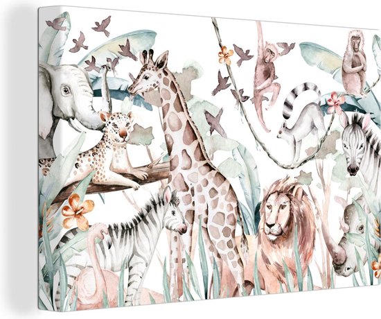 Canvas Schilderij Waterverf - Dieren - Planten - Pastel - Jongens - Meisjes - Kinderen - Kind - 90x60 cm - Wanddecoratie