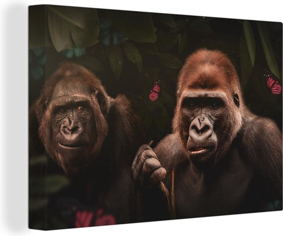 Canvas Schilderijen - Gorilla - Jungle - Planten - Vlinder - Wanddecoratie