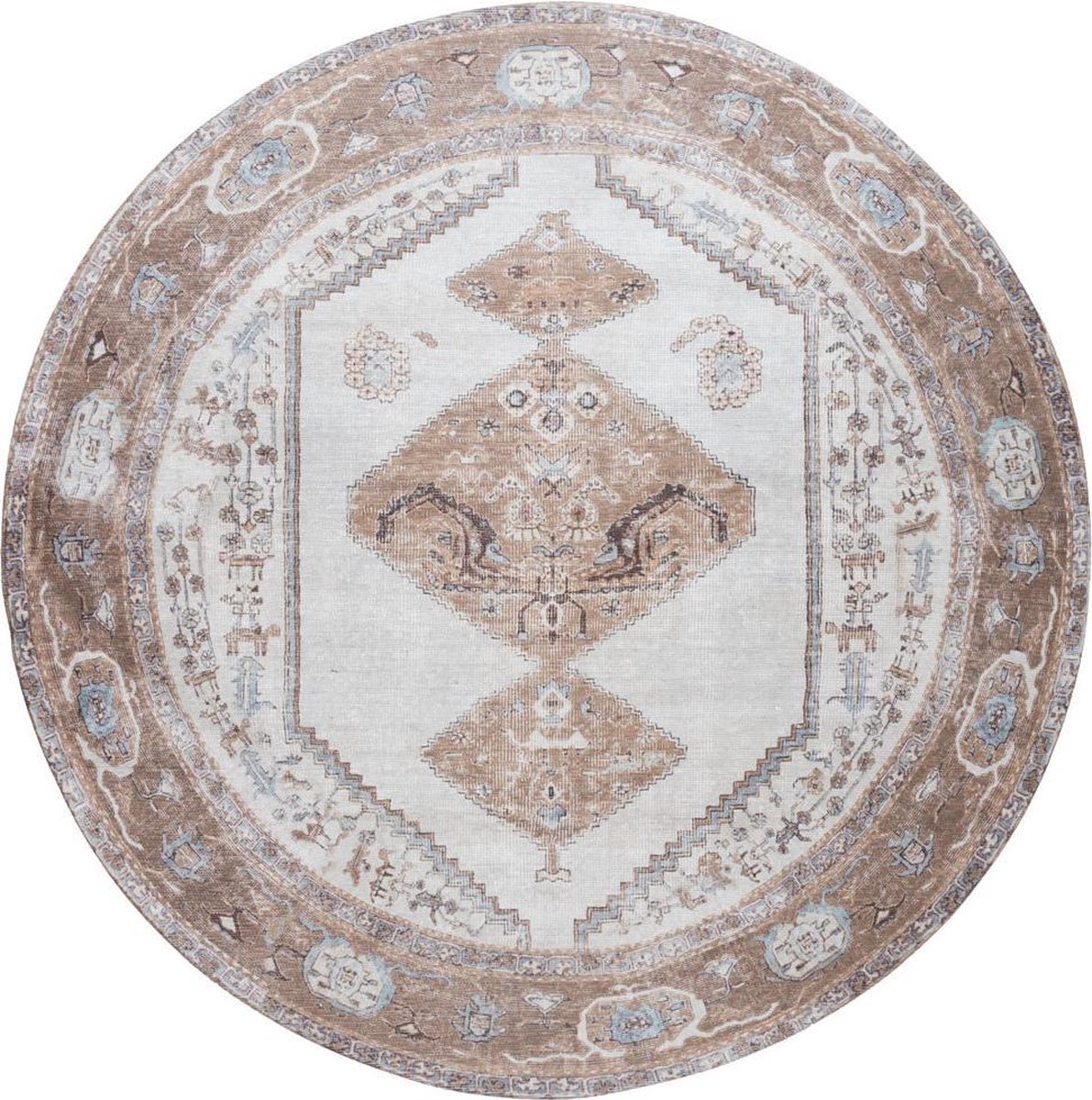 Veer Carpets Vloerkleed Karaca Brown 08 Rond ø160 cm - Laagpolig Vloerkleed – Vintage / Klassiek Design Bruin