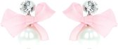 Behave® Oorbel hanger roze wit met parel steentje en strikje 2,8 cm