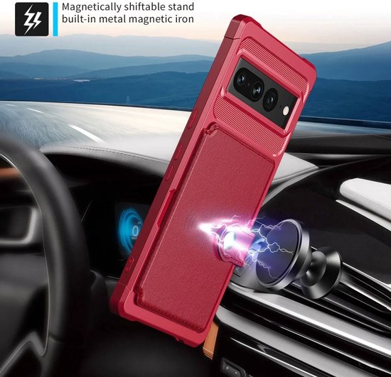 Étui portefeuille adapté pour Google Pixel 7 Pro - Coque arrière avec porte-carte - Étui de téléphone pour carte de débit - Porte-carte à l'arrière - Étui avec aimant pour support de voiture Rouge