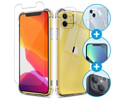 iPhone 11 Hoesje Schokbestendig Transparant + 9H Tempered Glass Screen Protector + Camera Protector Transparant 3 in 1 Set