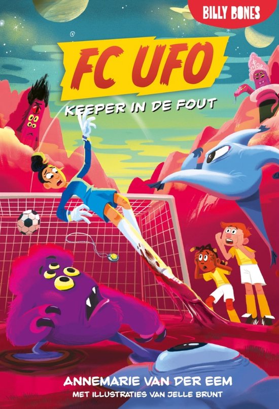 Boekcover 'FC UFO 3 - Keeper in de fout' met illustraties van buitenaardse wezens, een voetbalgoal en kinderen.