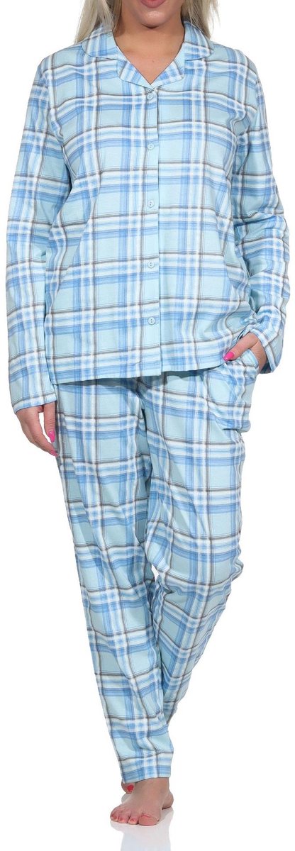 Normann Dames jersey pyjama met doorknoop in ruitjesoptiek - ook verkrijgbaar in oversize helltürkis