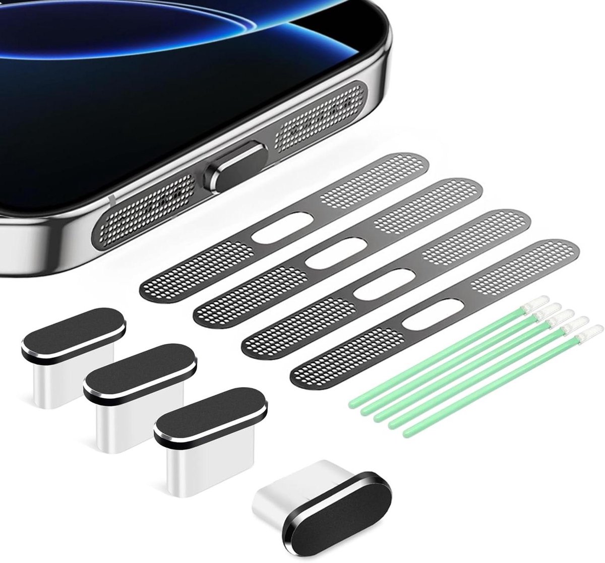 4-delige set stofbescherming voor USB C en luidspreker, geschikt voor iPhone 15/16 - Reinigingsset inclusief telefoonstofpluggen
