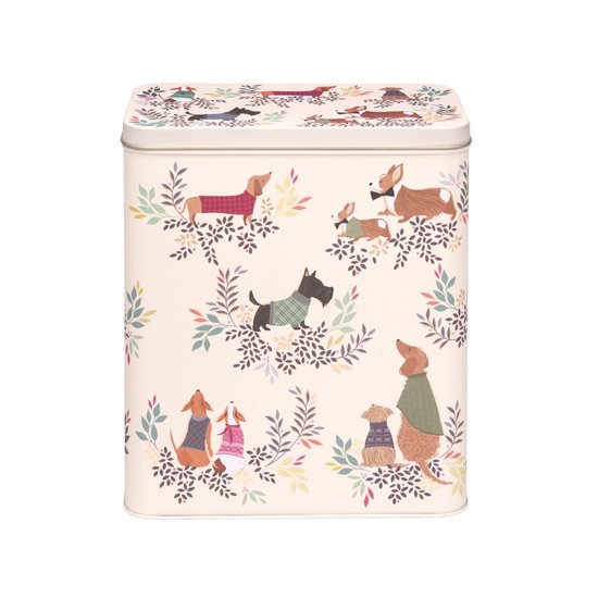 Boîte de conservation crème avec des illustrations de chiens portant des pulls et des foulards, entourés de fleurs et de feuilles.
