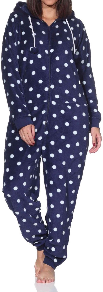Behaaglijke damespyjama Jumpsuit Overall in koraalrode fleece met stippenlook