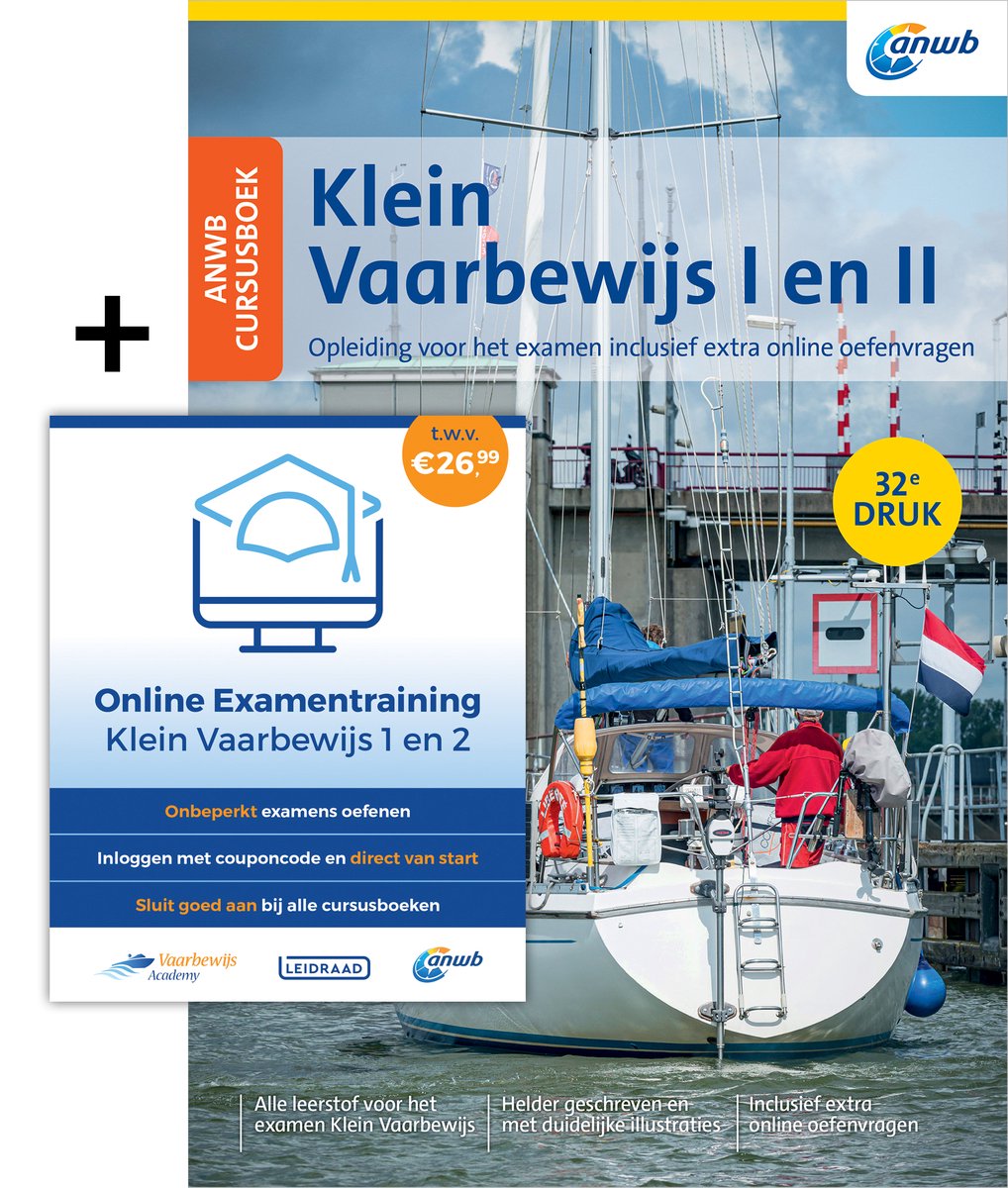 Omslag van ANWB Cursusboek Klein Vaarbewijs I en II inclusief online examentraining