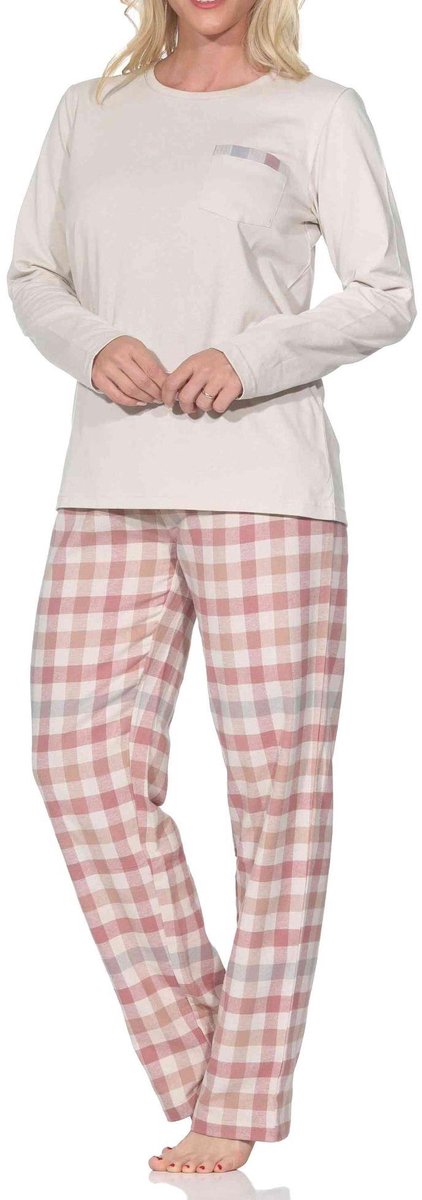 Normann lange damespyjama met geruite flanellen pyjama creme
