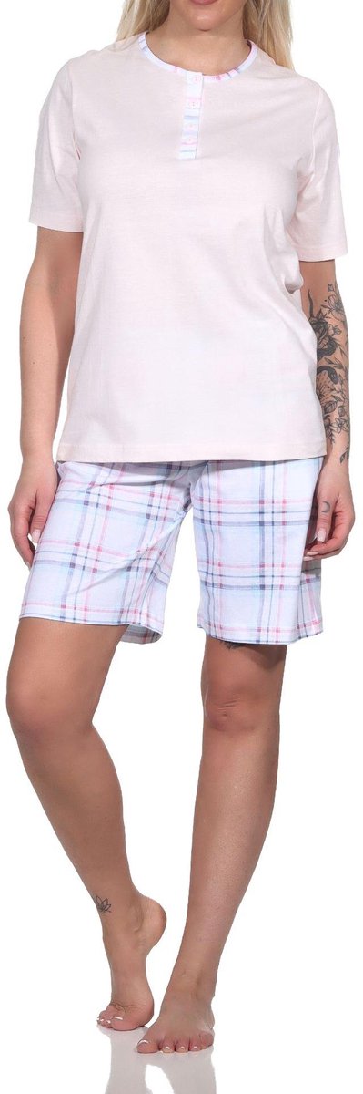 Normann Edele damespyjama shorty met korte mouwen en geruite broek van jersey - ook in oversize rosa