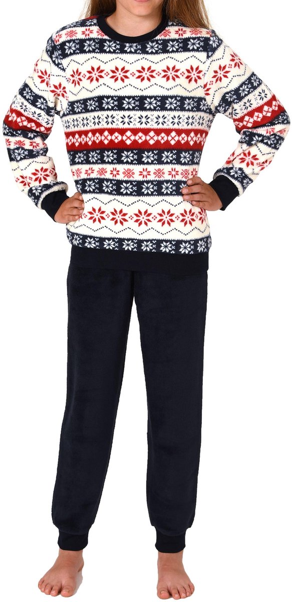 Normann Unisex-kinderpyjama met lange mouwen en manchetten in Noorse look in koraalfleece rosa