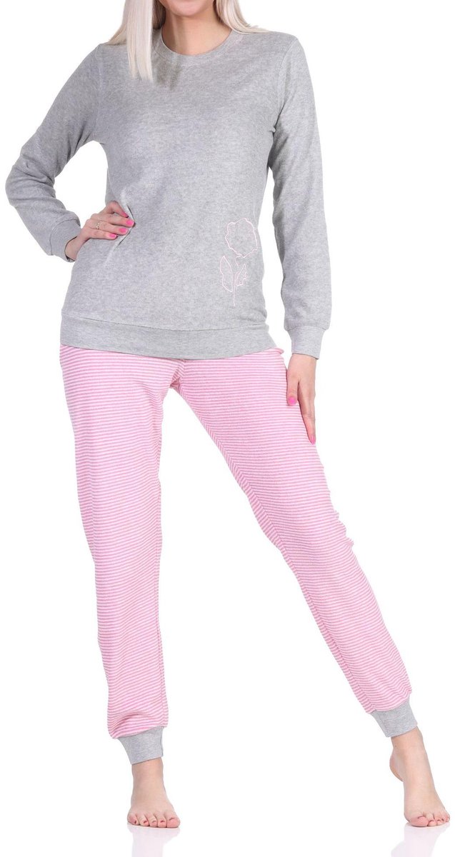 Normann Damespyjama van badstof met manchetten en bloemenapplicatie - ook in oversize pink
