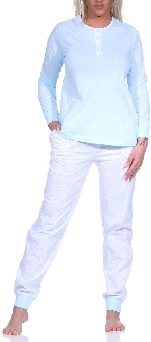 Normann Damespyjama met knoopjesvoorkant en broek met Paysley-patroon hellblau