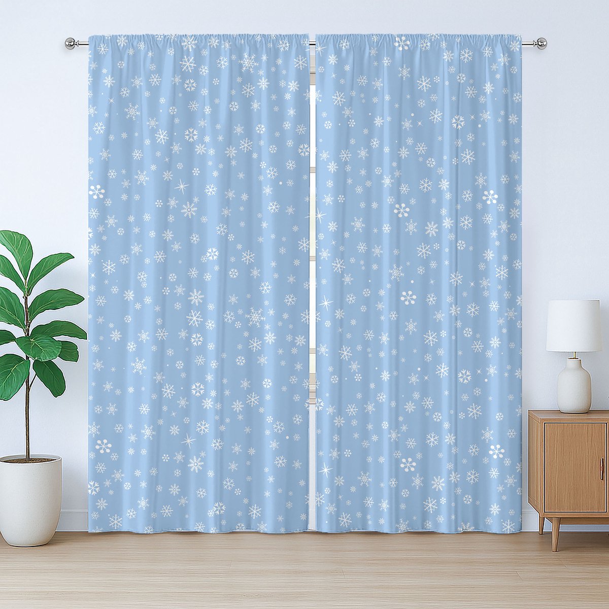 ABAKUHAUS Rustiek wintergordijn met vallende sneeuwvlokken, met lussen en haken voor de woonkamer, 280 x 175 cm, blauw wit