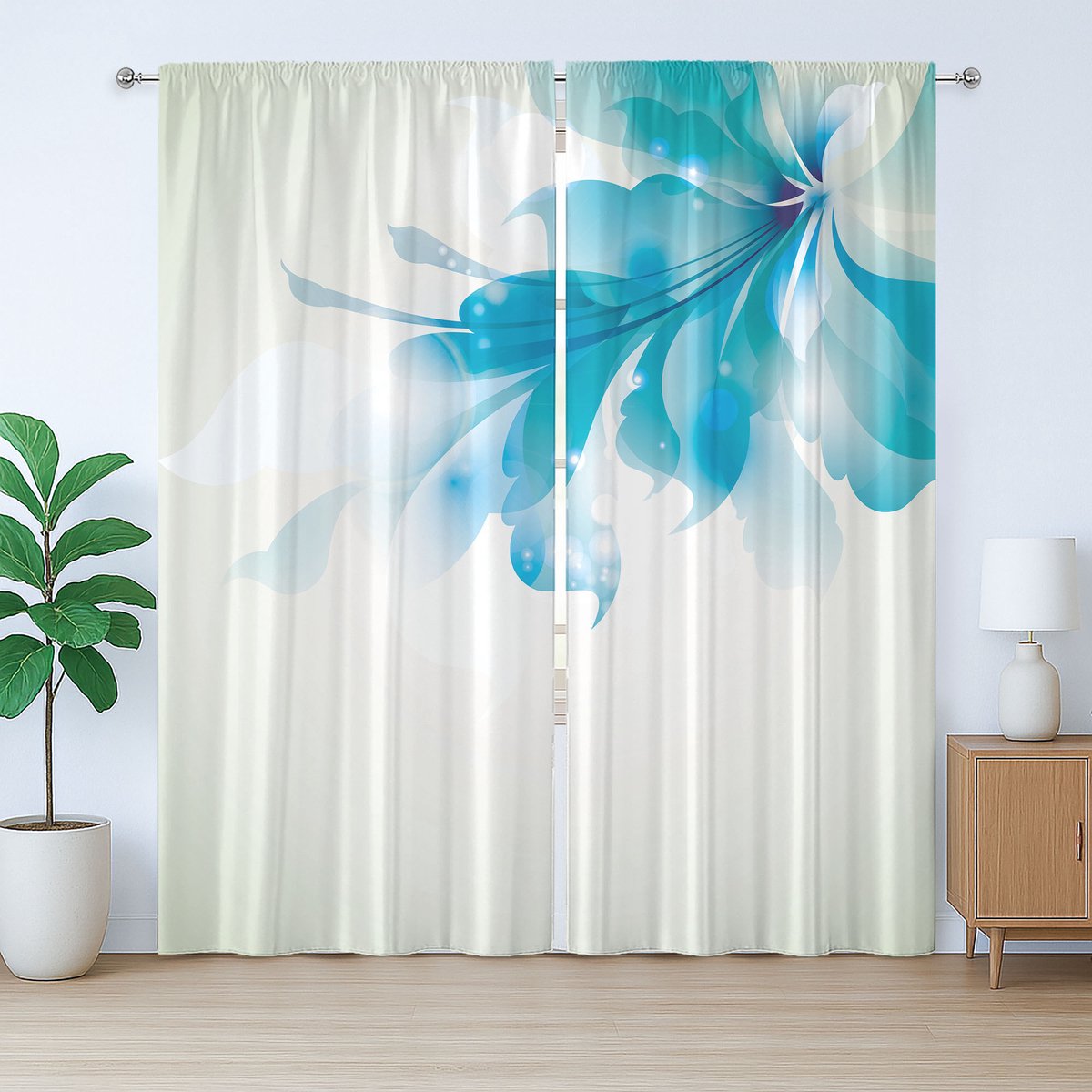 ABAKUHAUS Rustiek gordijn met bloemenprint, blauwe ombré bloemen, met lussen en haken voor de woonkamer, 280 x 175 cm, lichtblauw wit