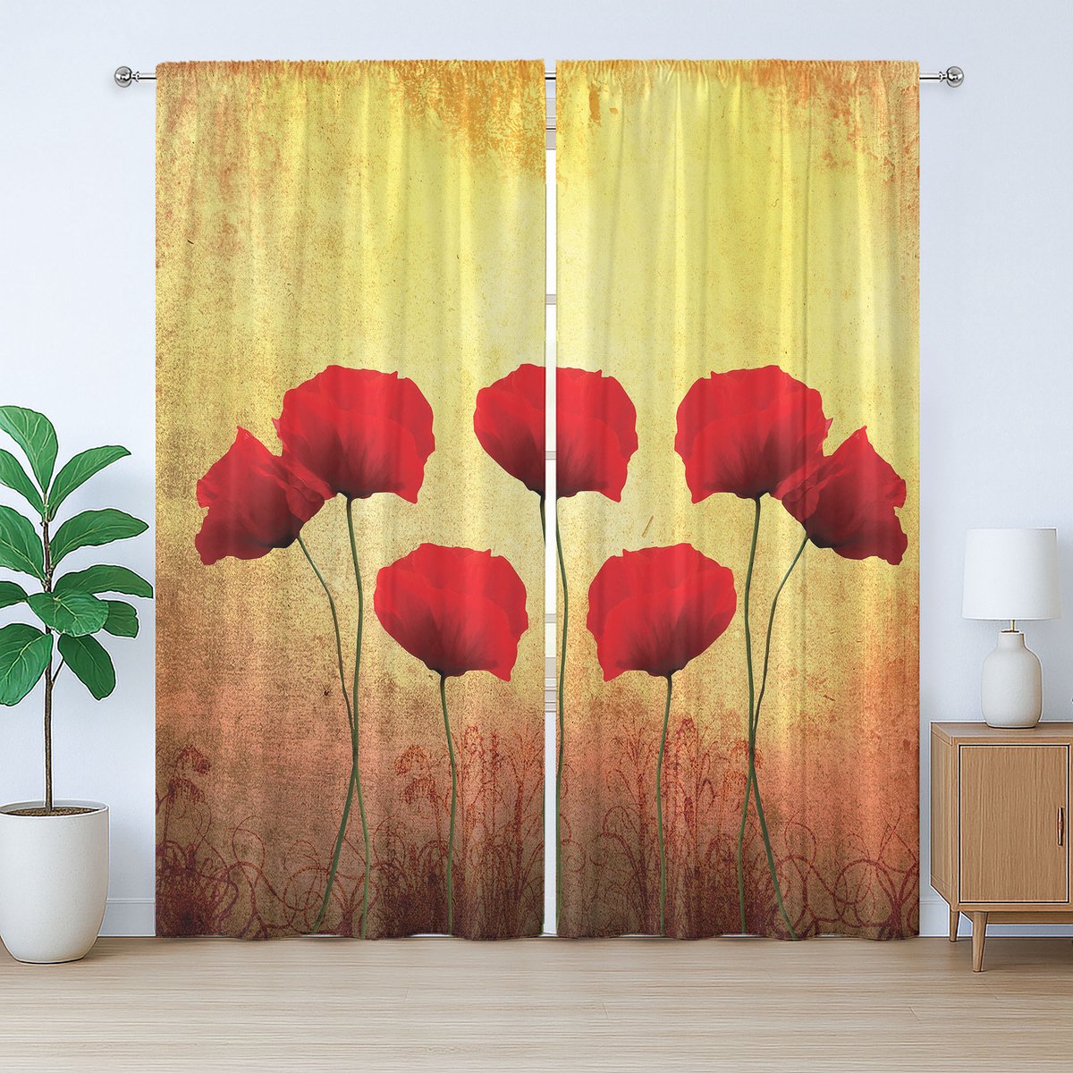 ABAKUHAUS Rustiek bloemengordijn, retro klaprozendesign, slaapkamergordijn met geplooide band, lussen en haken, 280 x 225 cm, lichtgeel scharlakenrood