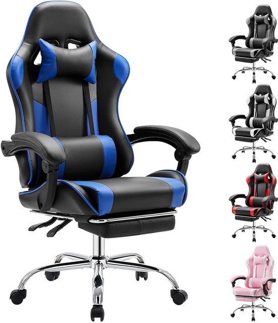 Gaming Stoel met Voetsteun – Ergonomische Bureaustoel – Verstelbare Rugleuning (90°-150°) – Hoofd- en Lendenkussen – Zwart/Blauw