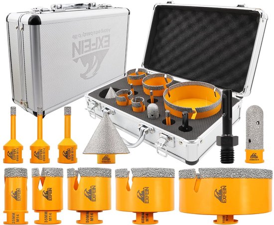 Een zilveren koffer met een assortiment oranje diamant boorbitjes, een kegelvormige boor en een boorhamer.