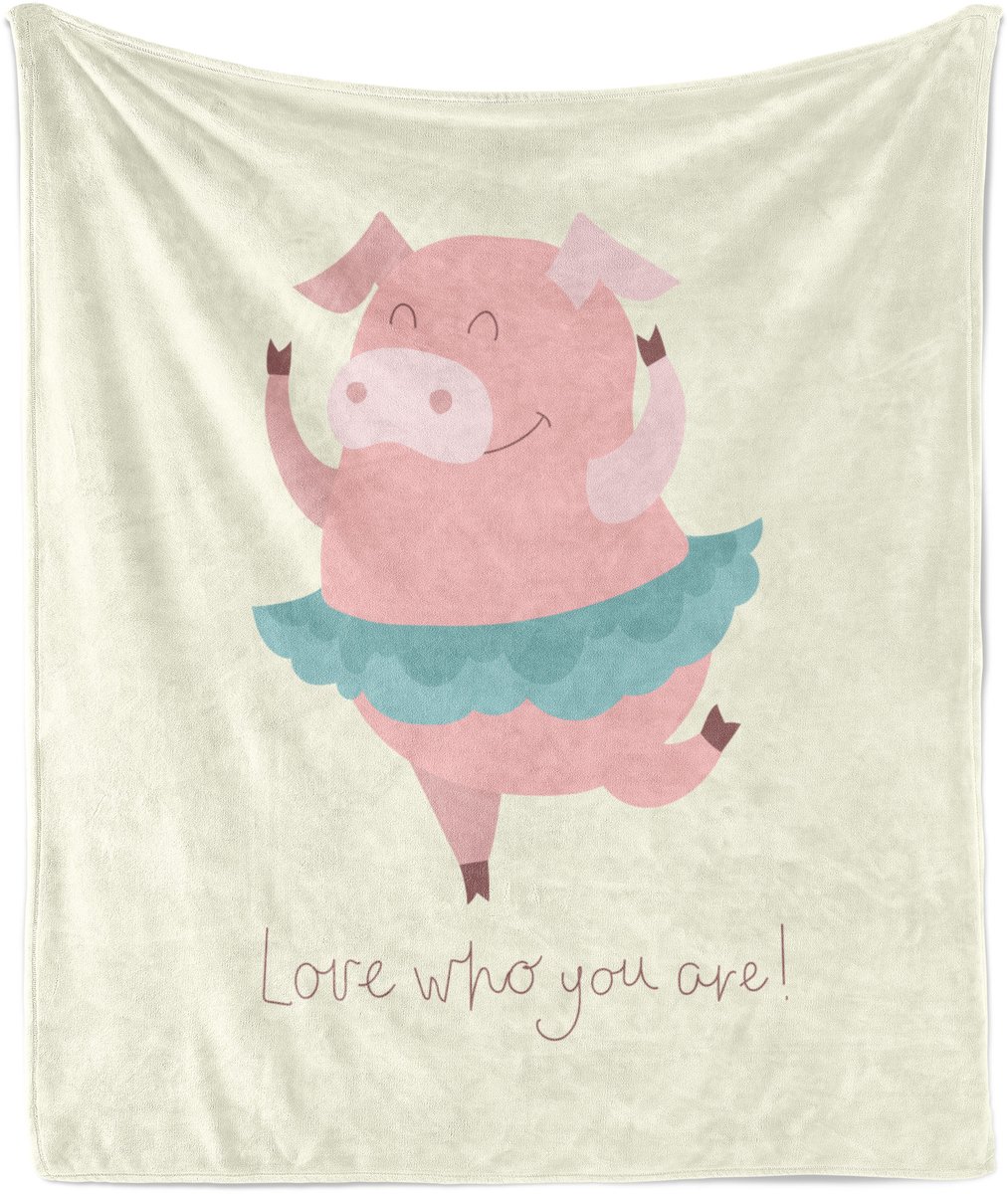 ABAKUHAUS Zachte flanellen fleece deken met varkentje, 'Love Who You Are' met ballerina, knusse pluche plaid, 125 x 175 cm, ivoor lichtblauw grijs