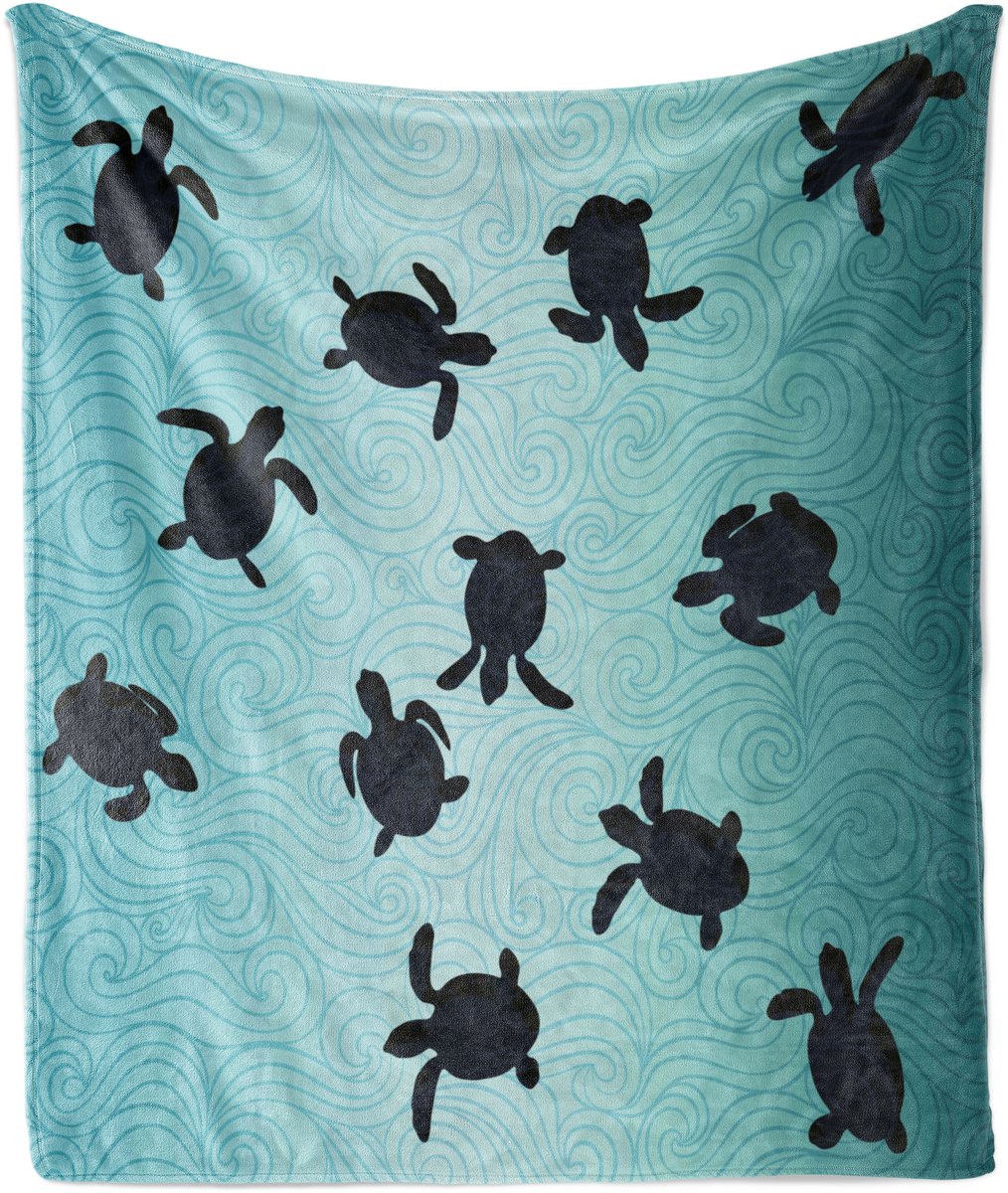 ABAKUHAUS Zachte flanellen fleece deken met schildpadmotief, babyschildpadjes en diepzeedieren, pluche plaid, 125 x 175 cm, turquoise donkerblauw