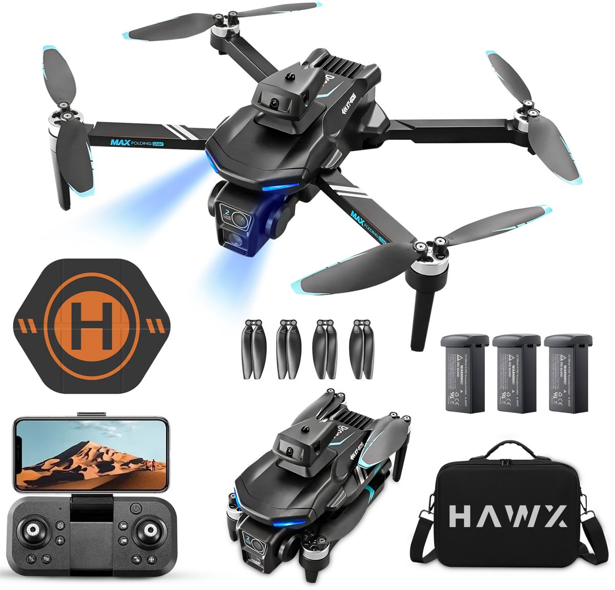 HAWX PRO Drone - Drone met 4K Camera - Mini drone - Voor Kinderen/Volwassenen - Drones - Tot 90 Minuten Vliegen - Incl. 3 Batterijen, Opbergtas, Landing Pad