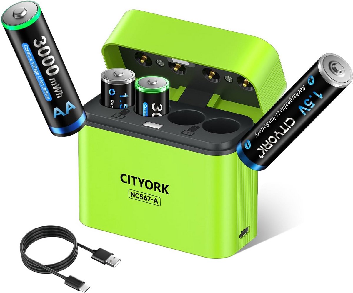 4x Oplaadbare AA Batterijen met Oplader | 1.5V 3000mWh Lithium Batterijen Lange Levensduur