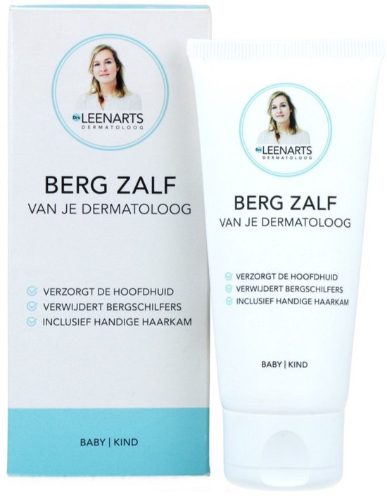 Witte kartonnen verpakking en tube met blauwe en zwarte tekst. Bevat een portret van Dr. Leenarts. "BERG Zalf VAN JE DERMATOLOOG" staat centraal.