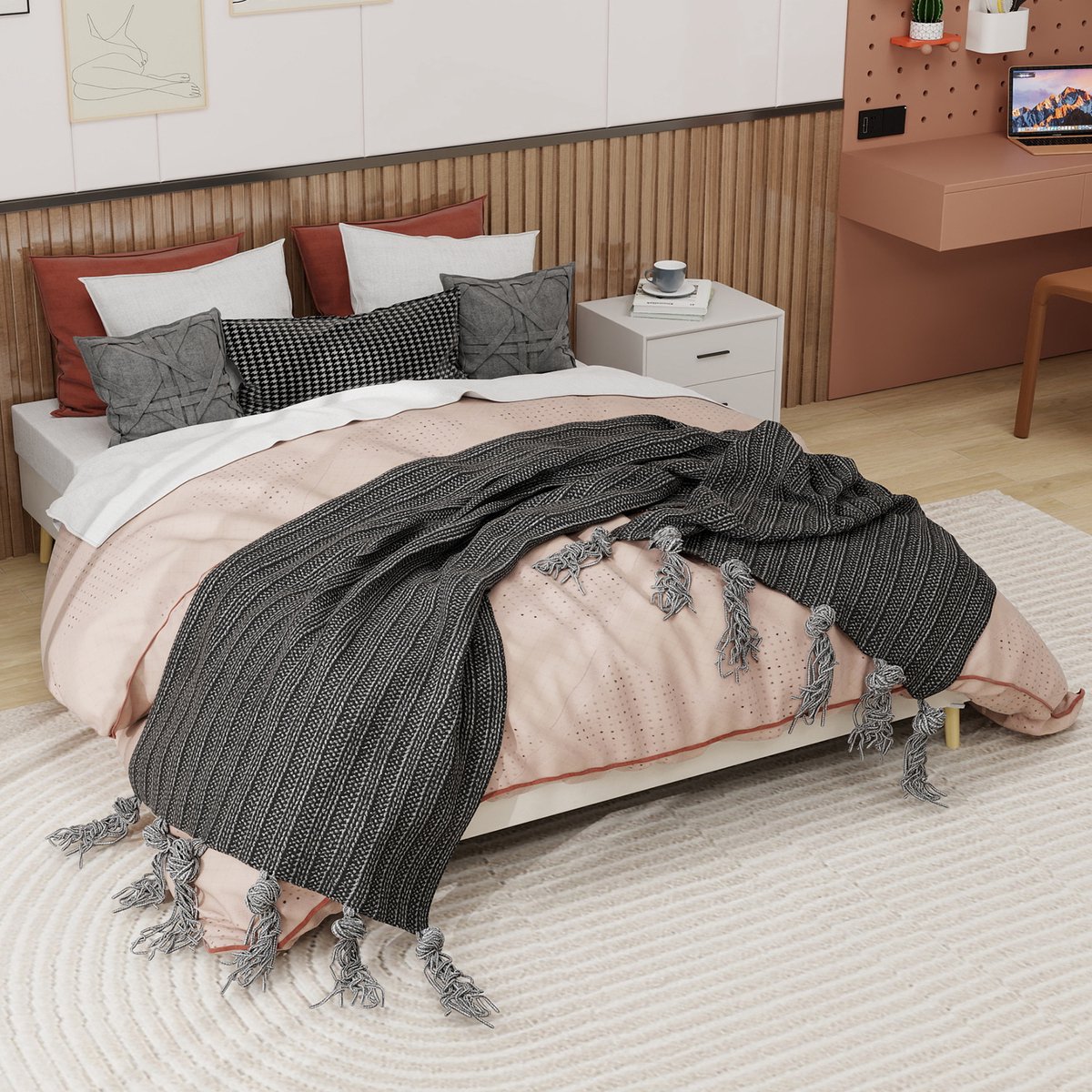 REDOM Bedframe – 160x200 cm – Met nieten details – Opbergruimte onder bed – Stof & metaal – Beige