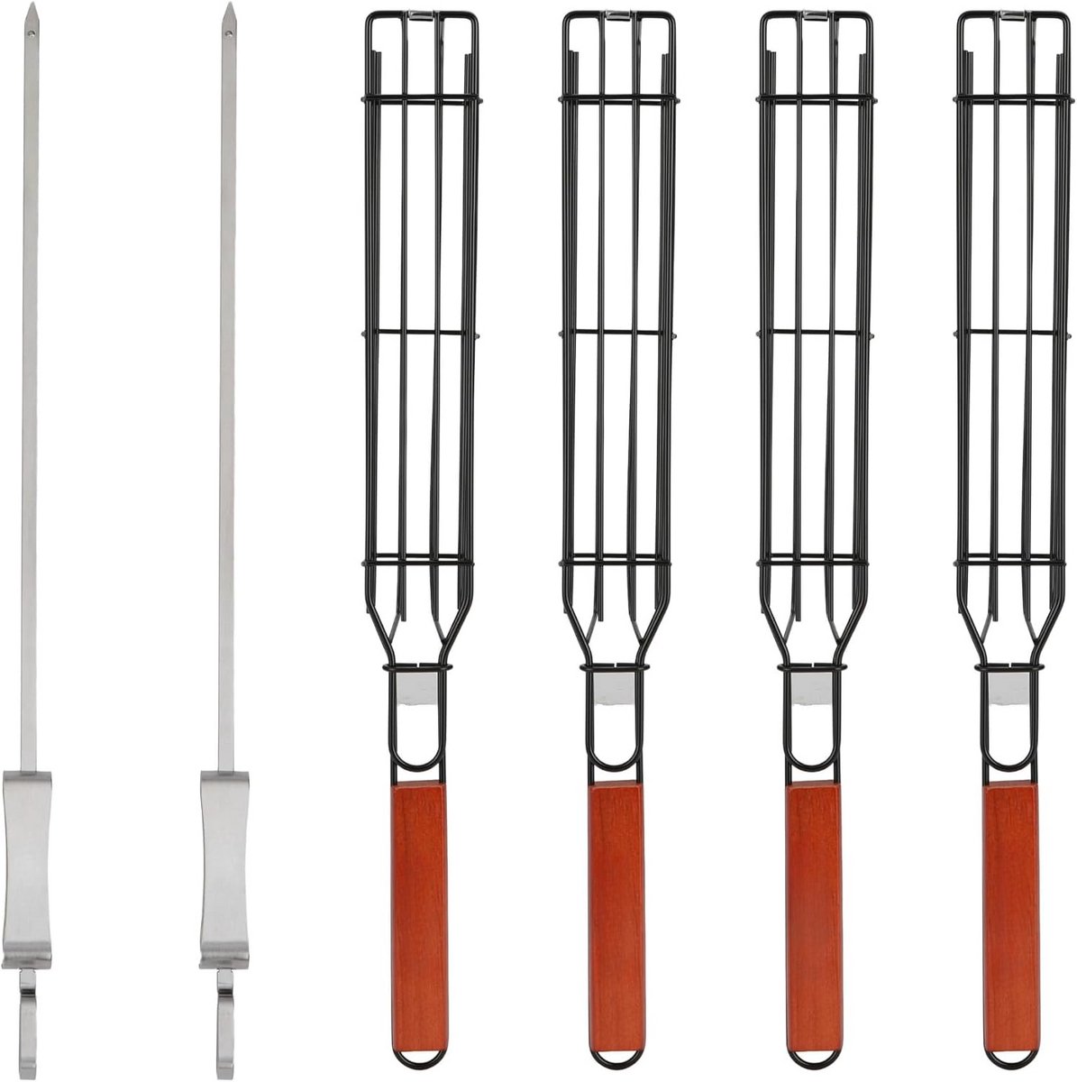 BBQ Kebab Grillmand Set 4-delig Herbruikbaar met Houten Handvatten en 2 Spiesen