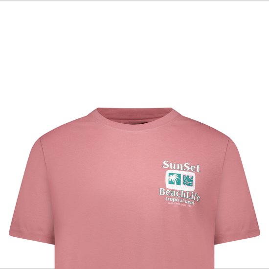 Zalmkleurige t-shirt met 'Sunset beachLife tropical heat' print op de borst.