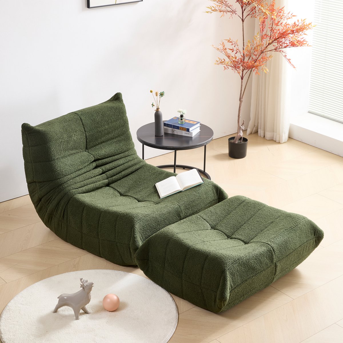MIVRAY Beanbag Stoel Met Voetsteun - Indoor Volwassen Zitzak Met Rugleuning - Teddysamt Groen
