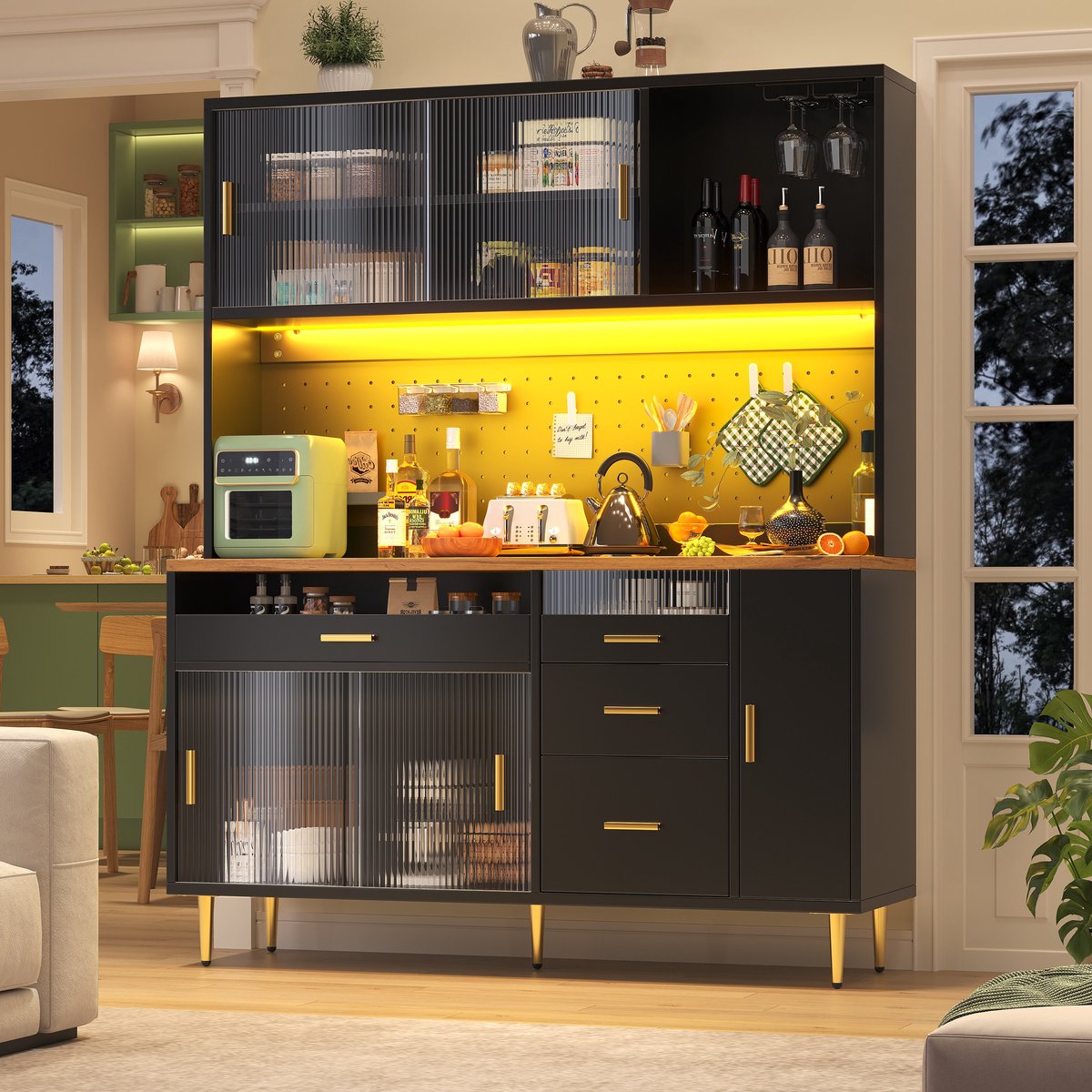 Sweiko Keukenkast - Dressoir - LED-verlichting - Glazen deur - Verstelbare plank - 4 lades - Zwart
