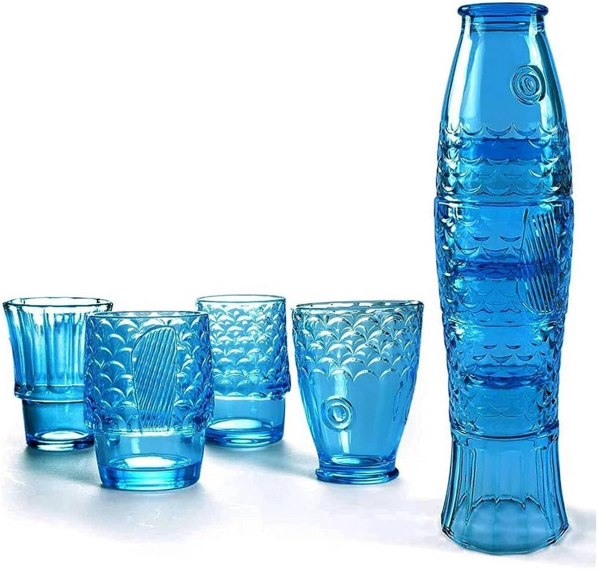 Stapelbare Drinkglazen Set van 4 - Vis Ontwerp - Gekleurd Waterglas - Nautisch Glaswerk