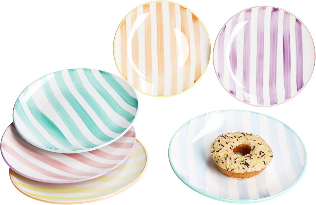 Set van 6 Aardewerk Taartborden met Pastelstrepen voor Dessert en Ontbijt