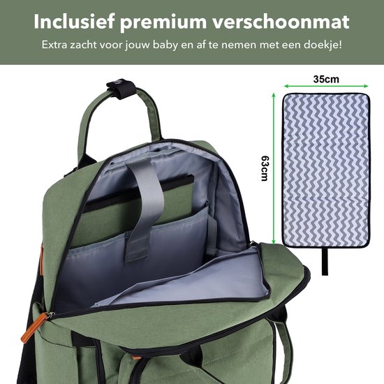 Open groene luiertas met bruine accenten, met verschoonmat van 35x63 cm.