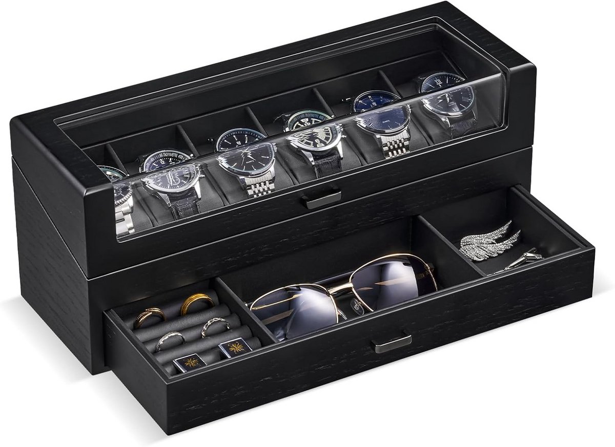 Houten Horlogedoos voor Mannen met Glasplaat en Lade - 6 Vakken