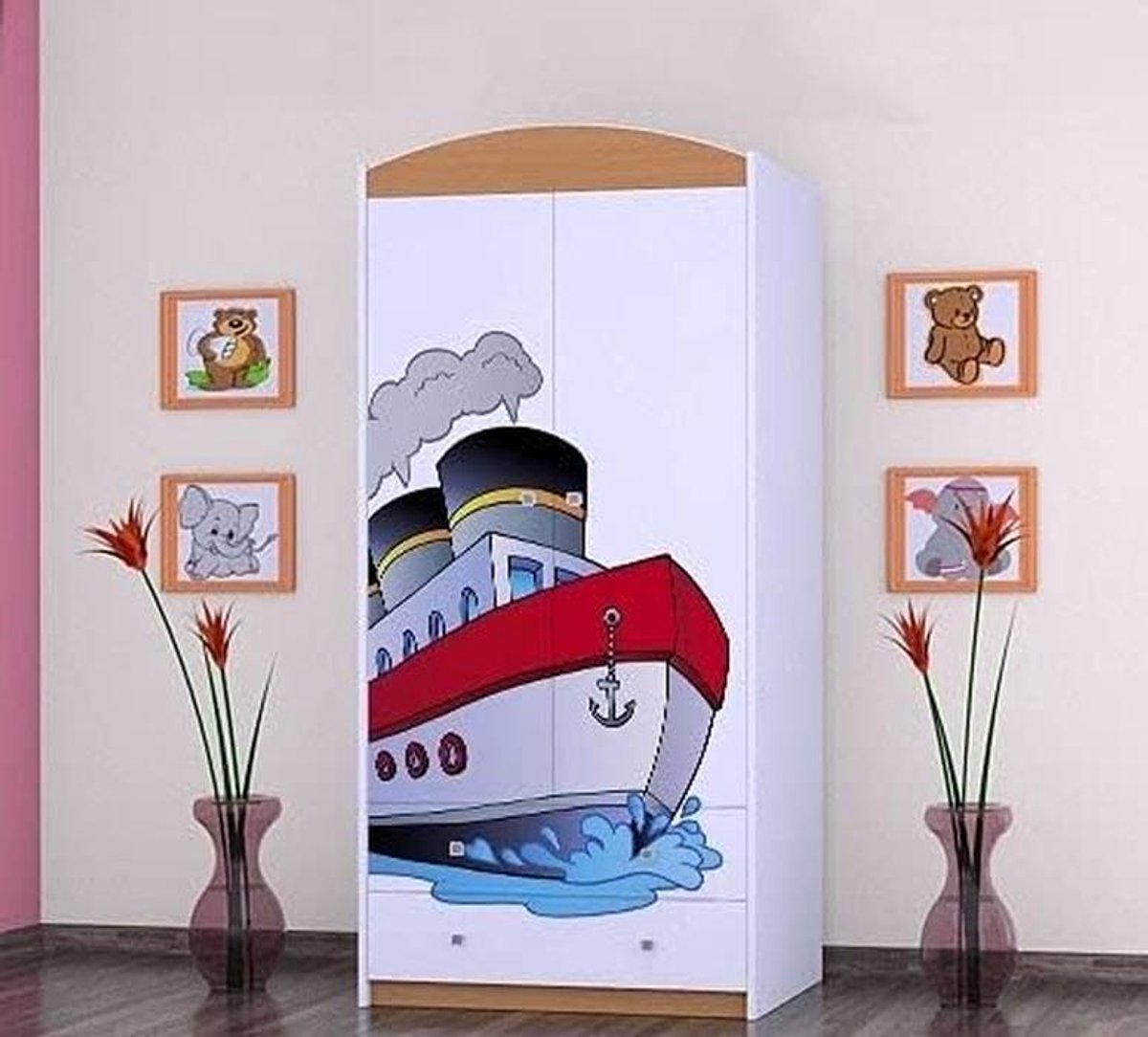Ruime kledingkast met 2 deuren, laden, hangers en legplanken voor kinderkamer