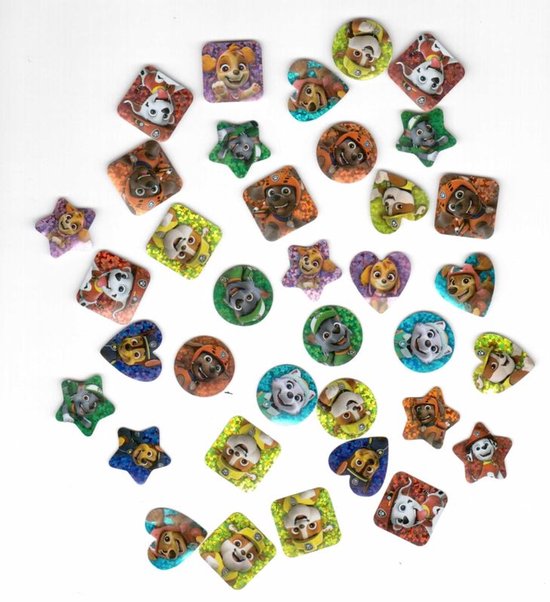 Losse Paw Patrol stickers in verschillende vormen, waaronder rond, vierkant en hart, met de pups.