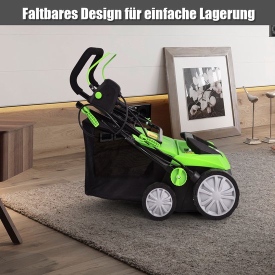 COSTWAY Elektrische verticuteermachine, gazonventilator, 1800 W, 2 treden werkdiepte, 38 cm werkbreedte, 45 l opvangmand, messenwals en ventilatorrol, gazon verticuteermachine voor tuin (groen) van Costway — afbeelding 4