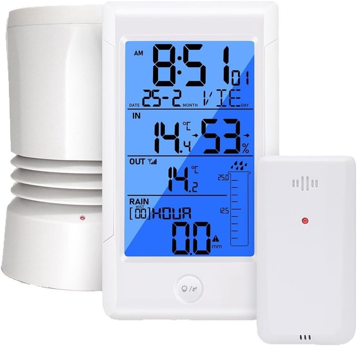 Draadloze Regenmeter - Weerstation Digitaal - Tuin Weersvoorspelling - 9 Dagen Neerslaggeschiedenis - Binnen Buiten Temperatuur - Wit