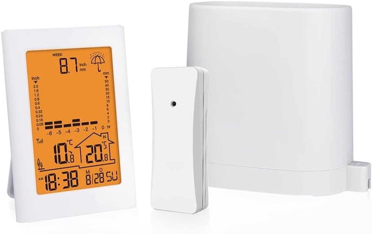 Digitale Regenmeter - Weerstation Alarm - Realtime Detectie - 6-Uurs Trend Grafiek - 17 x 15 x 13 cm - Wit