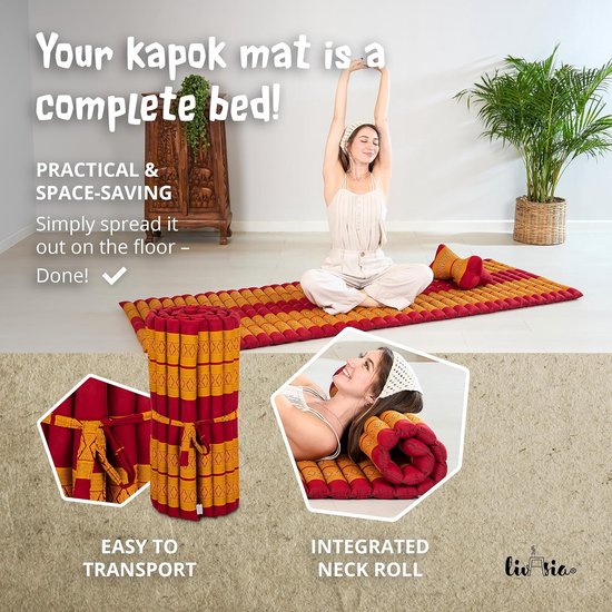 Rolmatras Gastenbed - Reisbed Eenpersoons - Ontspannen Buiten - Handgemaakt Kapokvulling - 200x75x4.5cm - Rood/Geel — afbeelding 4