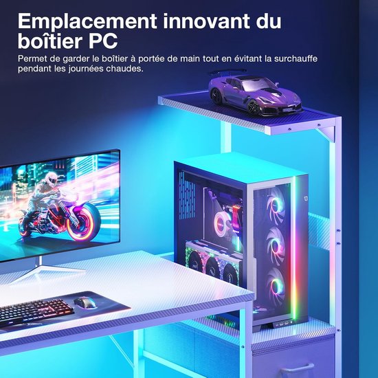 Gaming Bureau - Computer Tafel - Gaming en Werk - Geïntegreerde LED Verlichting - 138x48cm - Wit Carbon — afbeelding 4